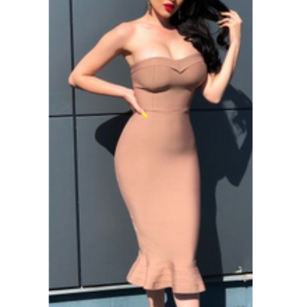 Strapless Biege Brown Bodycon Long Dress